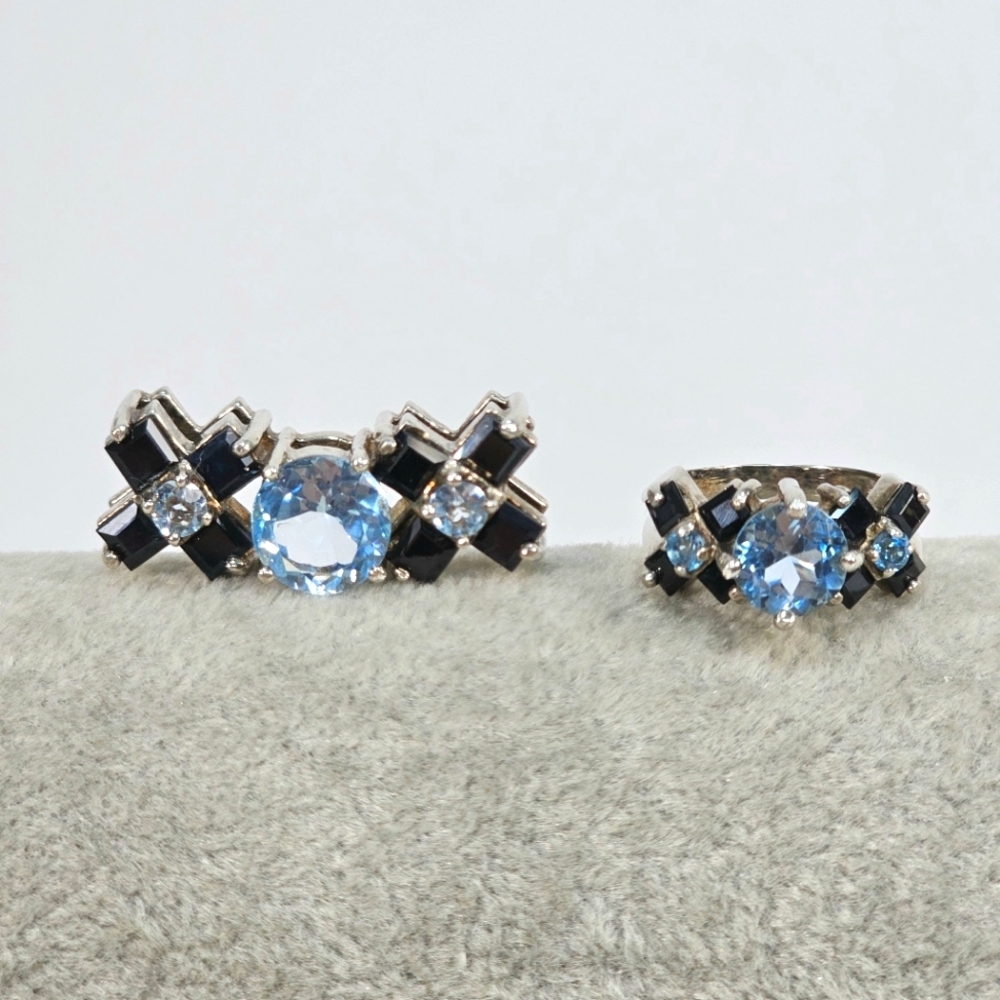 925 Silver Pendant & Ring Set Light Blue & Navy Stones Ring Size 6